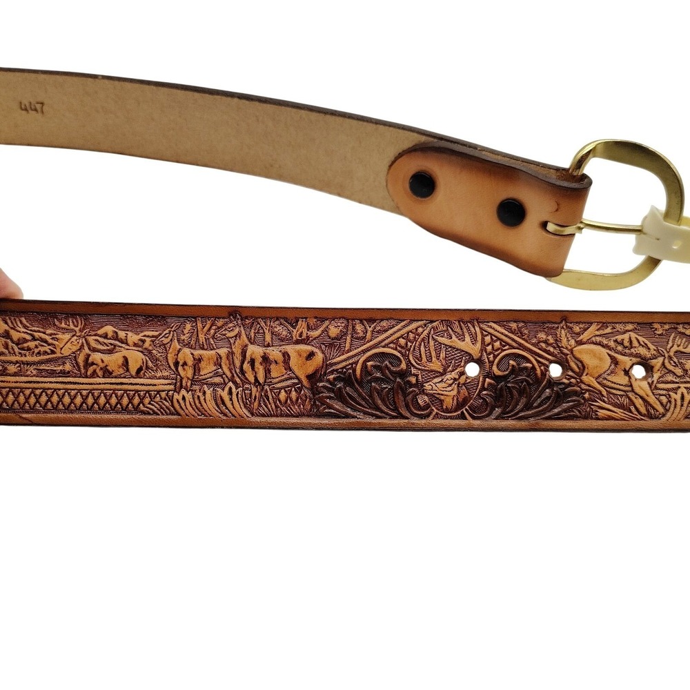 Brushy Creek Mens Western Deer Tooled Leather Belt Size 34 Made in USA